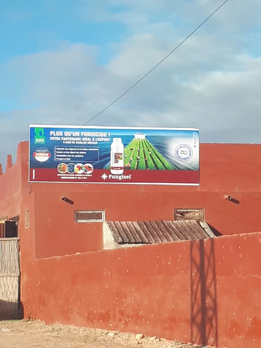 Habillage mural et vitrine d'un commerce de proximite dans une rue commercante d'Agadir